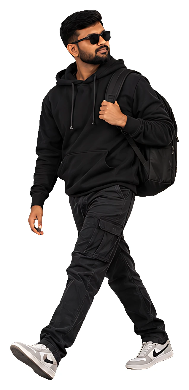 Sakthi Vignesh walking with a backpack and sunglasses