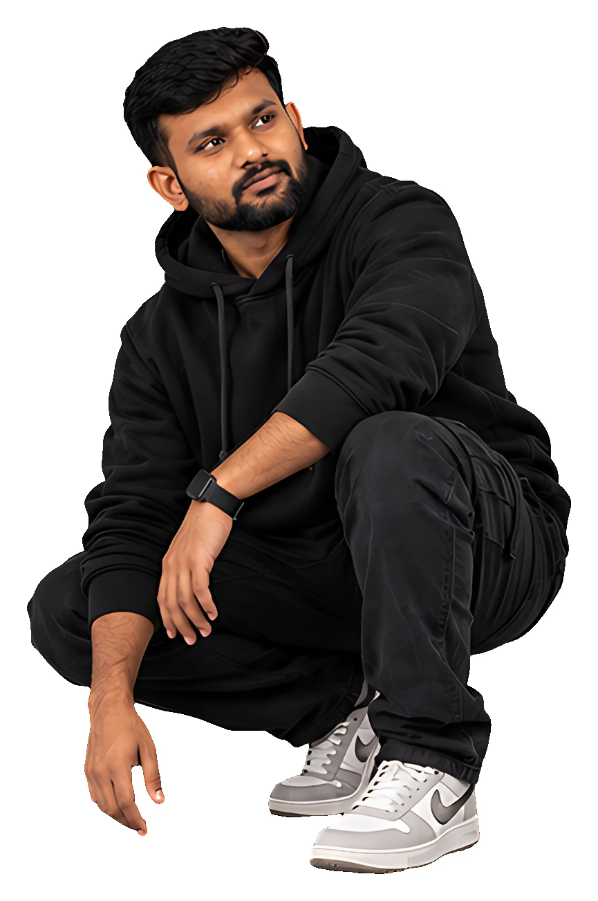 Sakthi Vignesh crouching, looking to the side