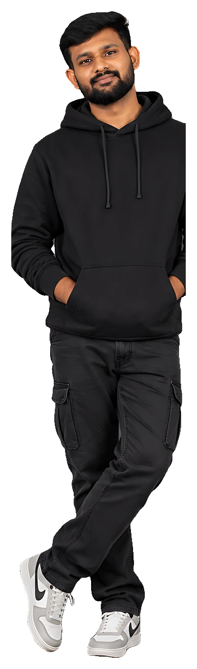 Sakthi Vignesh standing, hands in his hoodie pocket